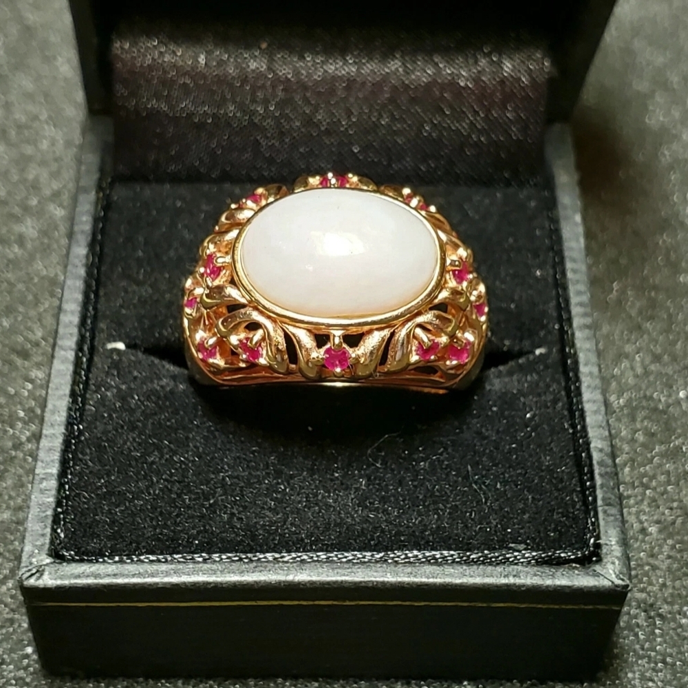 Stunning Sterling Silver 18k Gold Vermeil Pink Opal & Ruby Ring